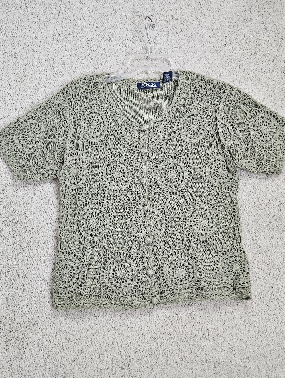 Crochet Shirt Button Up Butter Mom Green Silk Cotton Womens M 90s Cottage